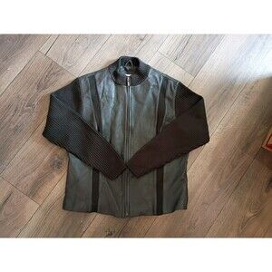 Worthington Women's Brown Leather Jacket  Sweater Sleeves XL Zip Up